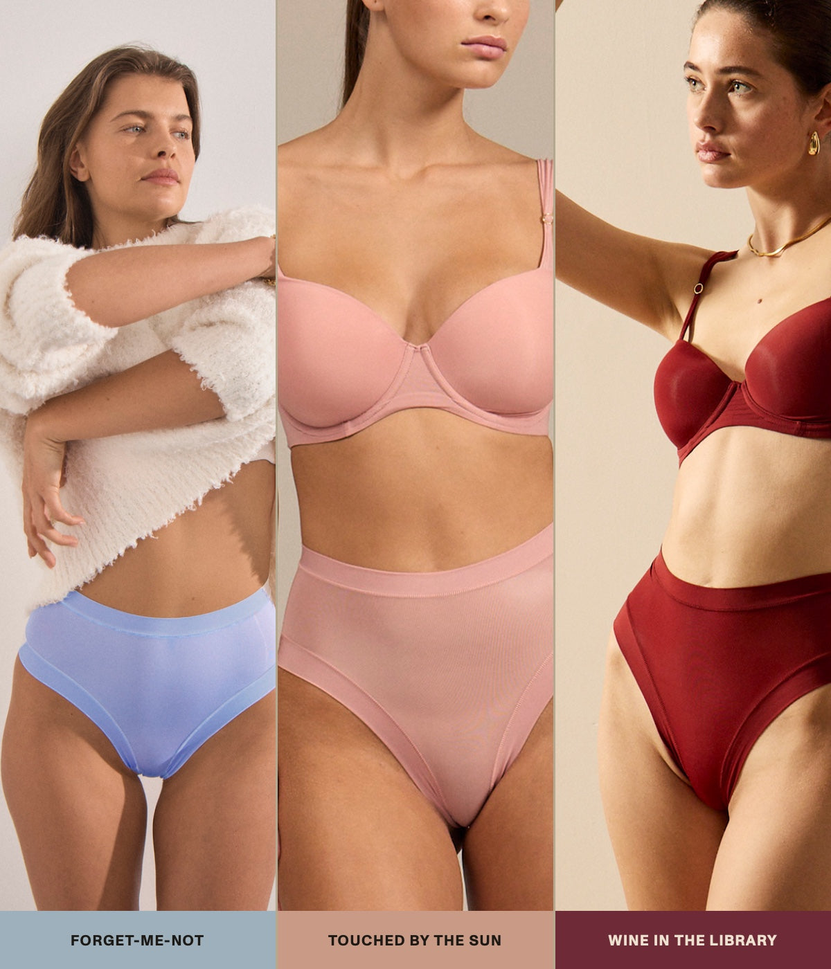 The Trio in Classic — wine, cornflower blue, warm pink